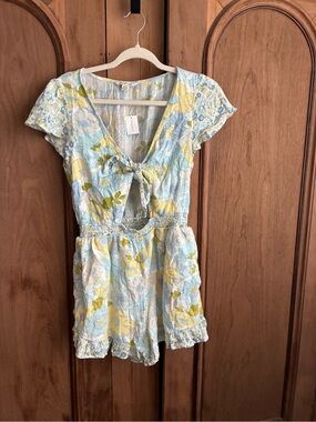American Eagle Outfitters Light Blue & Yellow Floral Tie-Front Romper